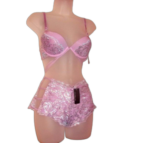 Youmita 34B Lavender Mist Metallic Lace Bra & Small Coordinating Boyshort NWT - Picture 1 of 12